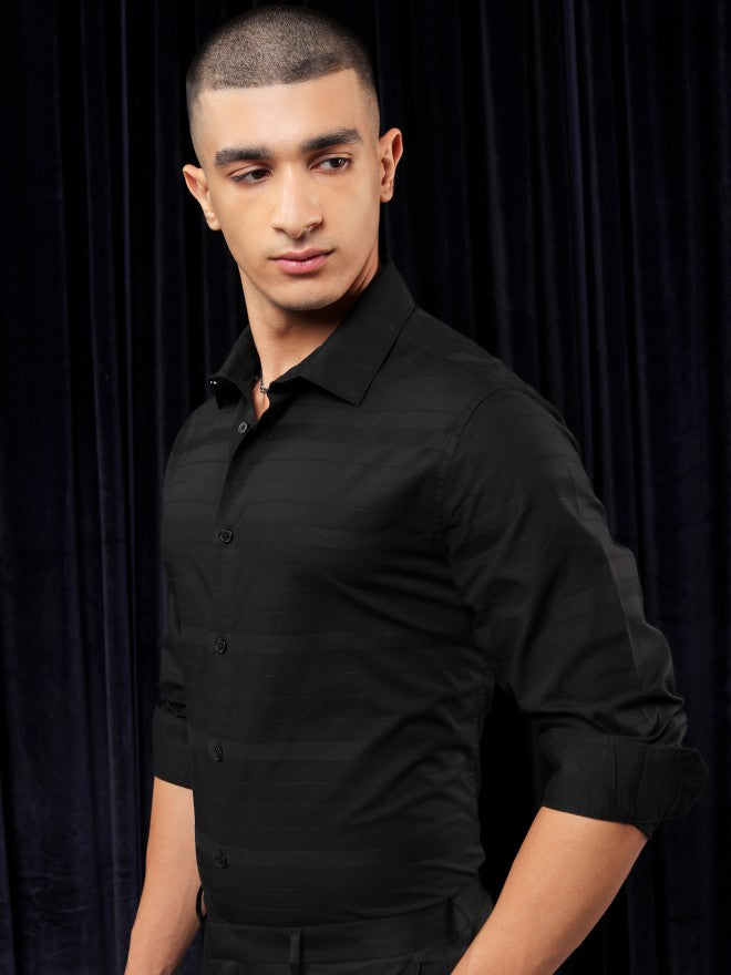 Highlander Men Black Striped Slim Fit Casual Shirt - Black - Image 4