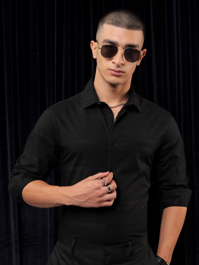 Highlander Men Black Striped Slim Fit Casual Shirt - Black - Image 7