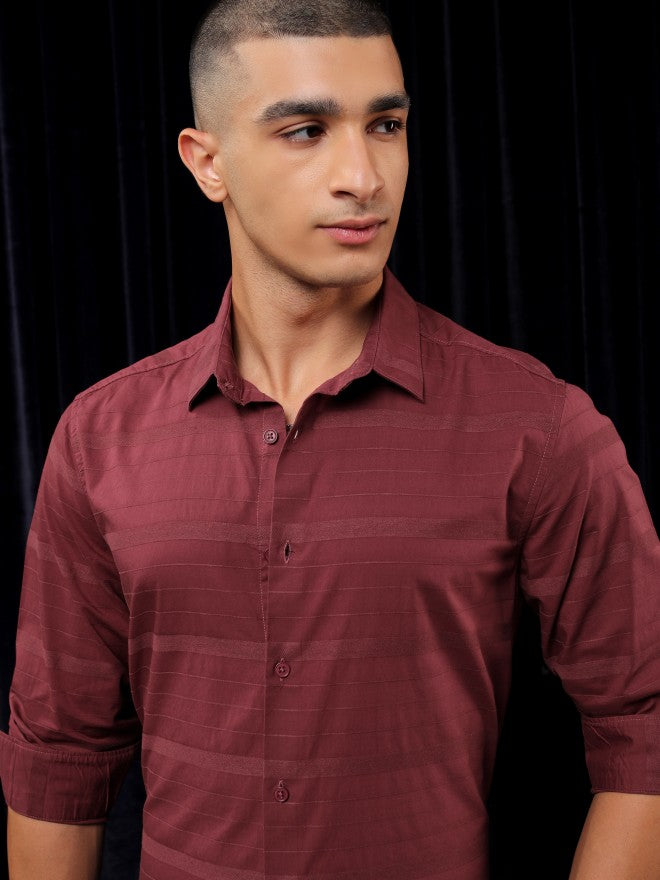 Highlander Men Maroon Striped Slim Fit Casual Shirt - Maroon - Image 1
