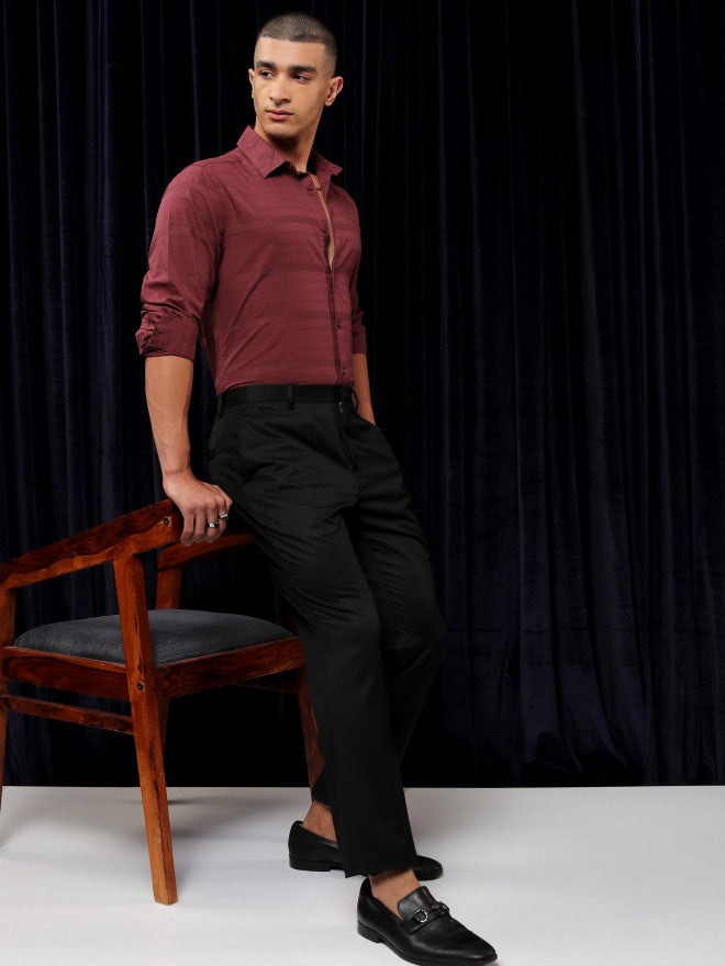 Highlander Men Maroon Striped Slim Fit Casual Shirt - Maroon - Image 2
