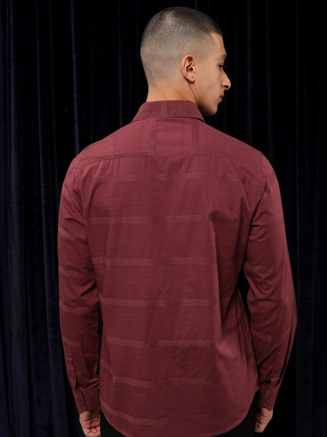 Highlander Men Maroon Striped Slim Fit Casual Shirt - Maroon - Image 3