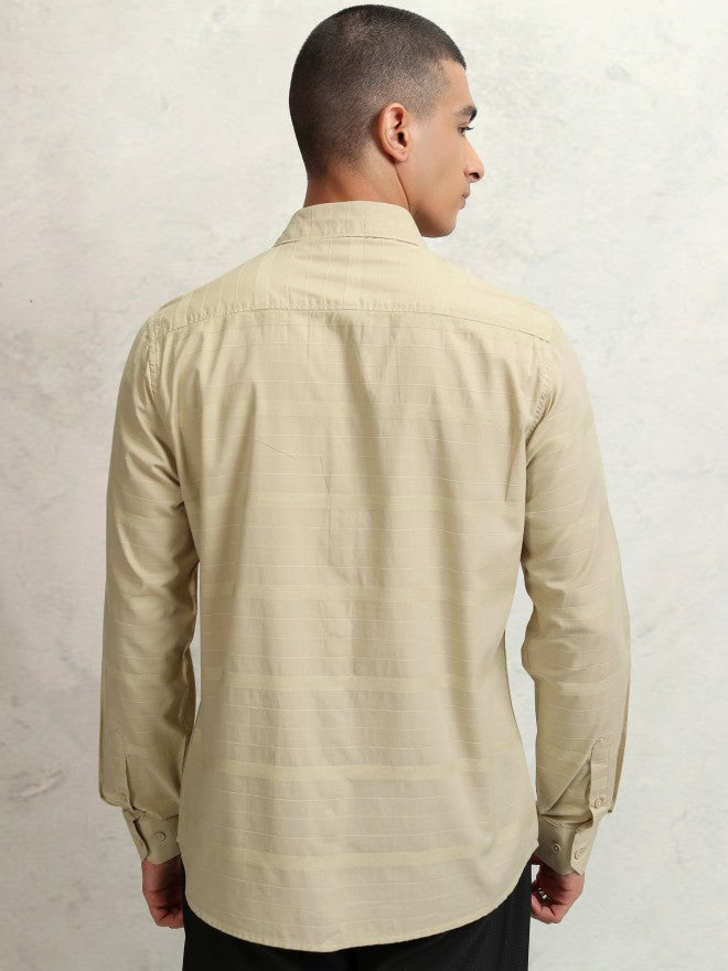 Highlander Men Beige Striped Slim Fit Casual Shirt - Beige - Image 3