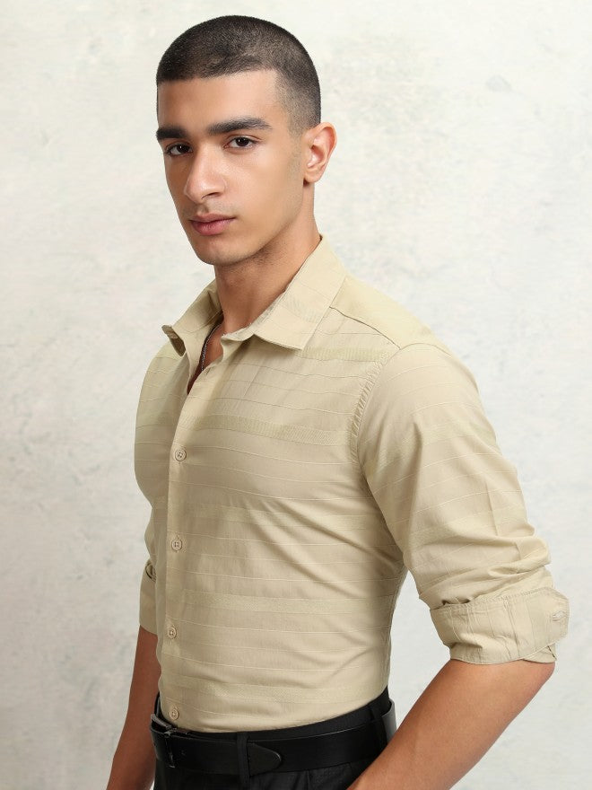 Highlander Men Beige Striped Slim Fit Casual Shirt - Beige - Image 4