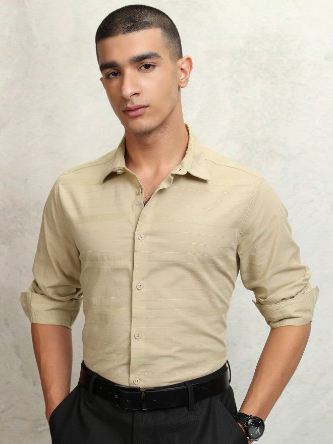 Highlander Men Beige Striped Slim Fit Casual Shirt - Beige - Image 7