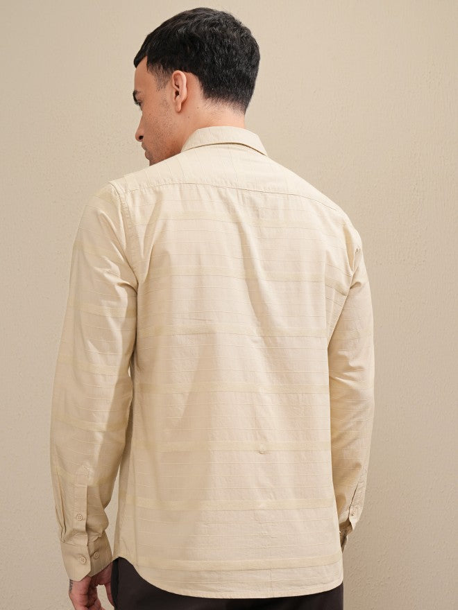 Highlander Men Beige Striped Slim Fit Casual Shirt - Beige - Image 3