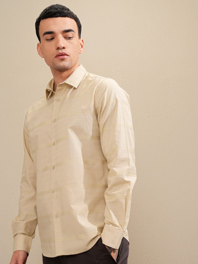Highlander Men Beige Striped Slim Fit Casual Shirt - Beige - Image 4