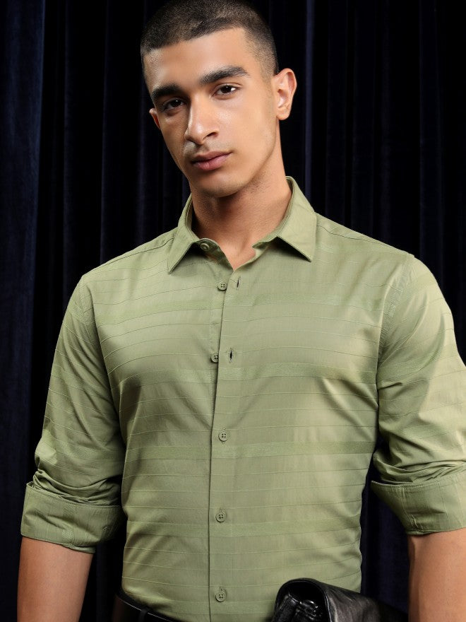 Highlander Men Olive Striped Slim Fit Casual Shirt - Olive - Image 1