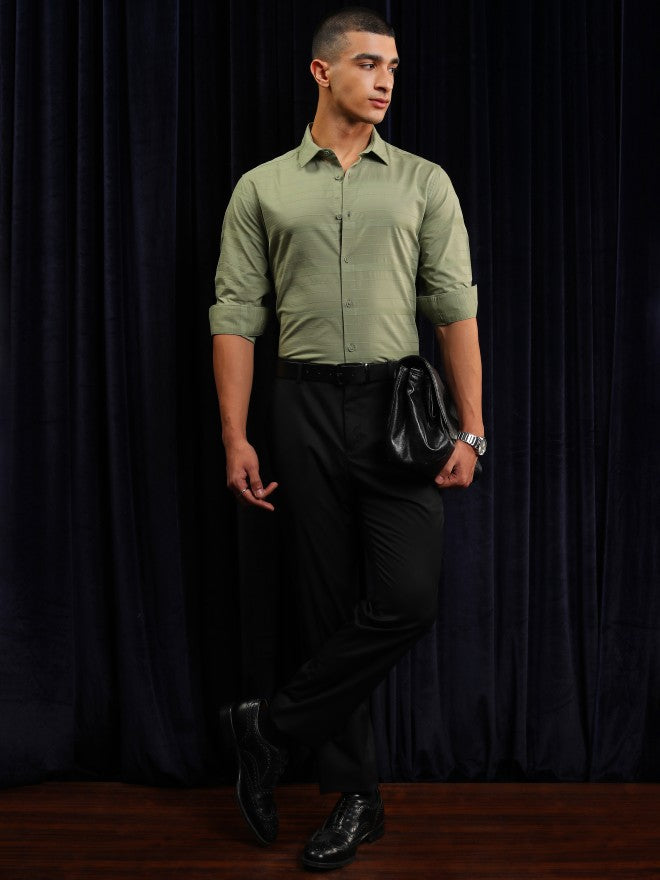 Highlander Men Olive Striped Slim Fit Casual Shirt - Olive - Image 2