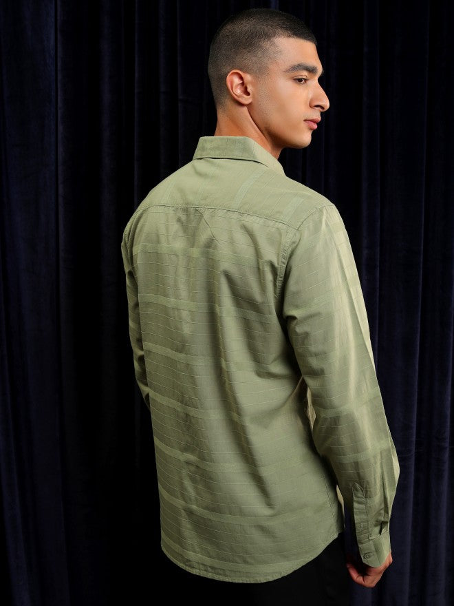 Highlander Men Olive Striped Slim Fit Casual Shirt - Olive - Image 3