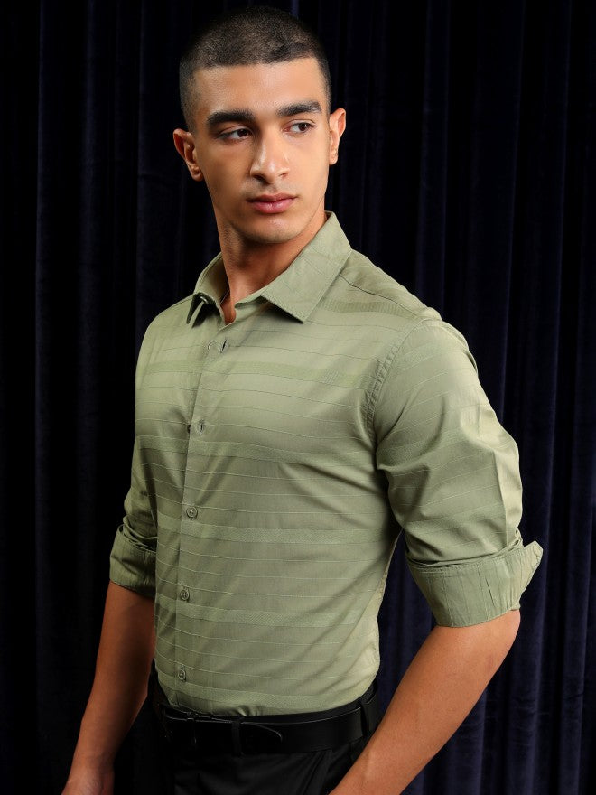 Highlander Men Olive Striped Slim Fit Casual Shirt - Olive - Image 4