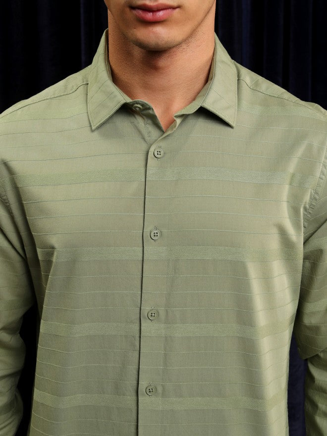 Highlander Men Olive Striped Slim Fit Casual Shirt - Olive - Image 5