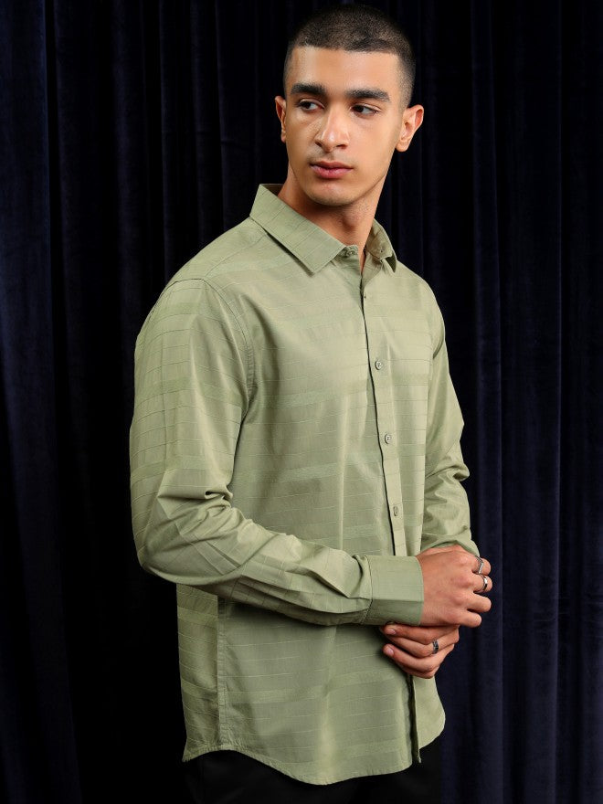 Highlander Men Olive Striped Slim Fit Casual Shirt - Olive - Image 6