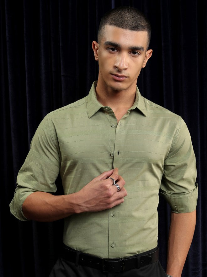 Highlander Men Olive Striped Slim Fit Casual Shirt - Olive - Image 7