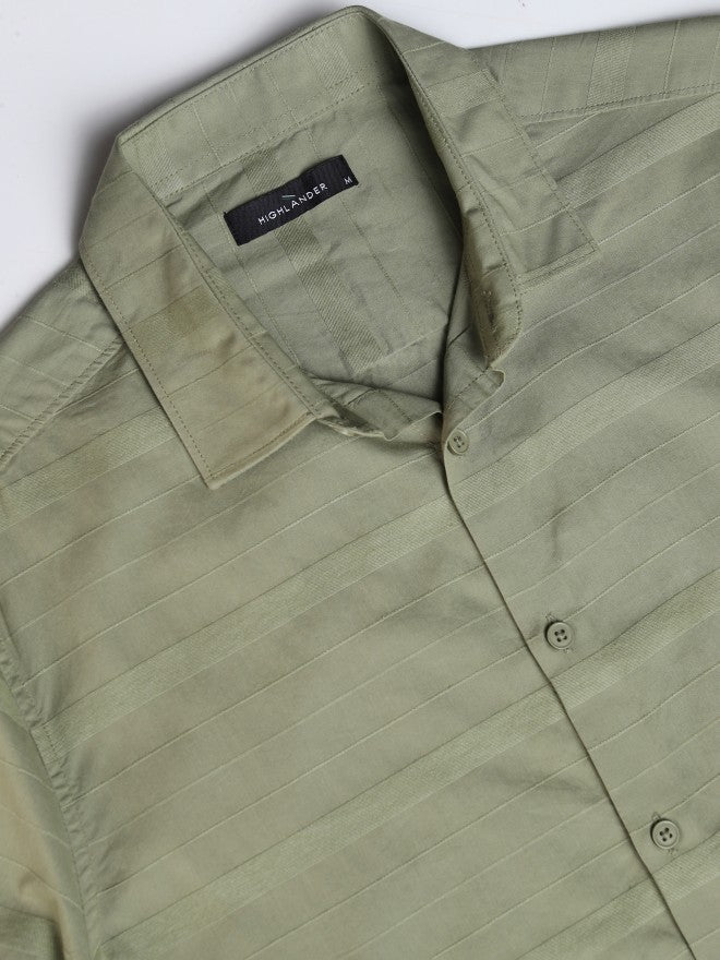 Highlander Men Olive Striped Slim Fit Casual Shirt - Olive - Image 8