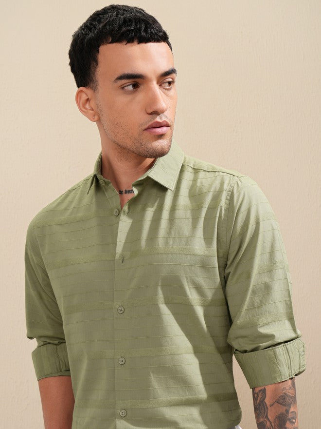 Highlander Men Olive Striped Slim Fit Casual Shirt - Olive - Image 1