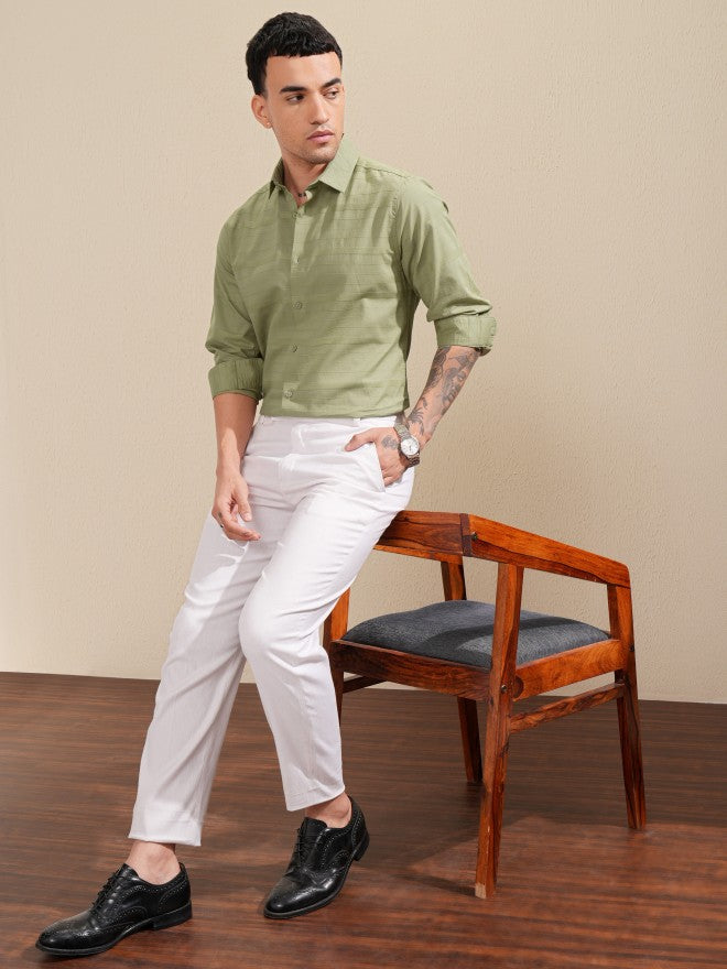 Highlander Men Olive Striped Slim Fit Casual Shirt - Olive - Image 2