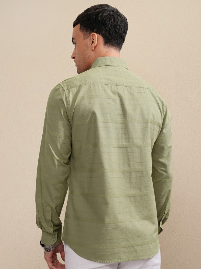 Highlander Men Olive Striped Slim Fit Casual Shirt - Olive - Image 3