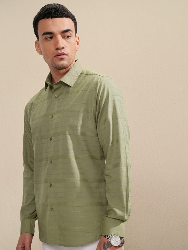 Highlander Men Olive Striped Slim Fit Casual Shirt - Olive - Image 4