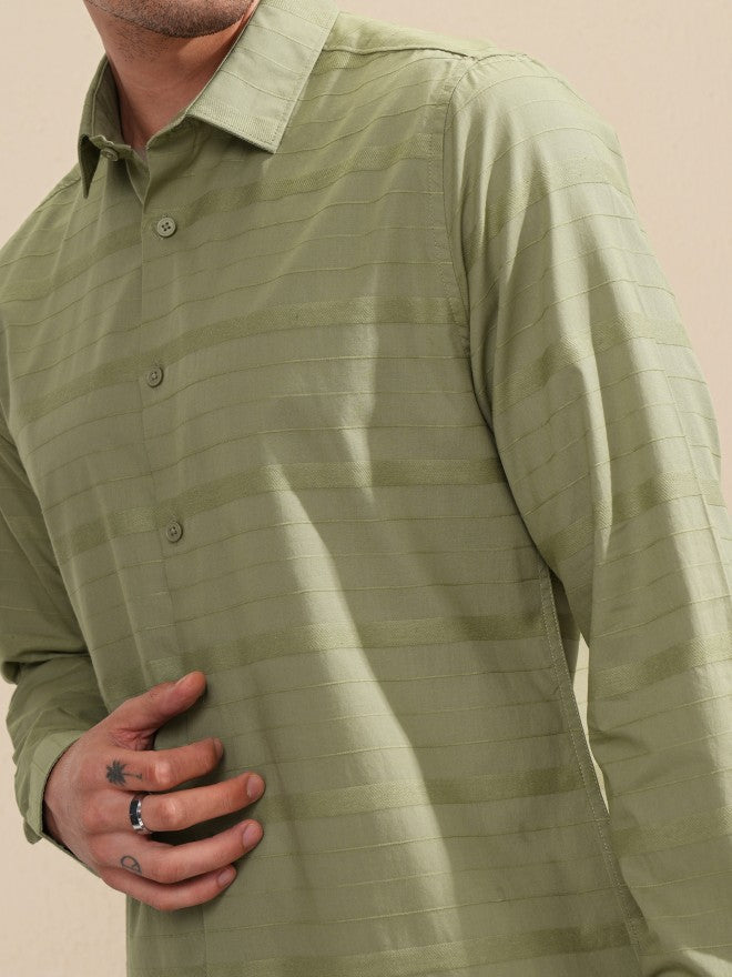 Highlander Men Olive Striped Slim Fit Casual Shirt - Olive - Image 5