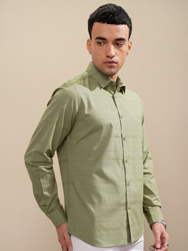 Highlander Men Olive Striped Slim Fit Casual Shirt - Olive - Image 6