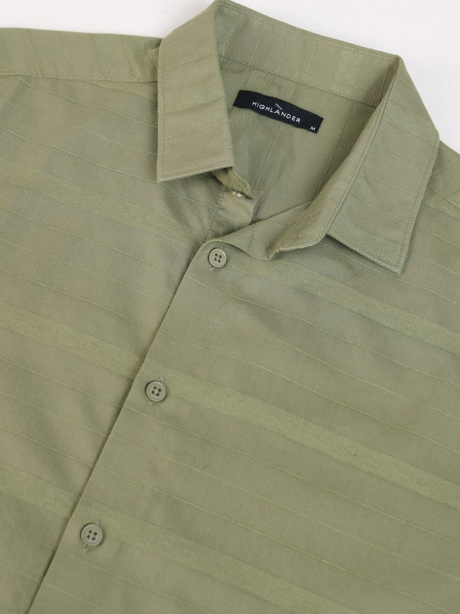 Highlander Men Olive Striped Slim Fit Casual Shirt - Olive - Image 7