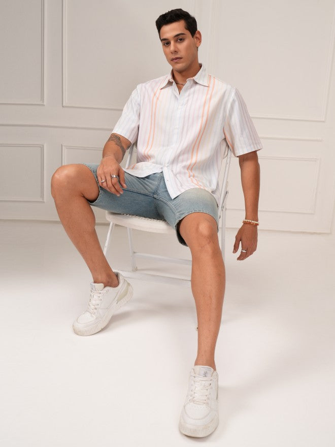 Highlander Men Cream Striped Relaxed Fit Casual Shirt - Cream - Image 2