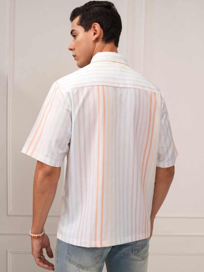 Highlander Men Cream Striped Relaxed Fit Casual Shirt - Cream - Image 3