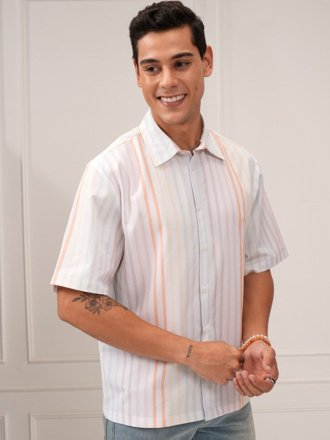 Highlander Men Cream Striped Relaxed Fit Casual Shirt - Cream - Image 6