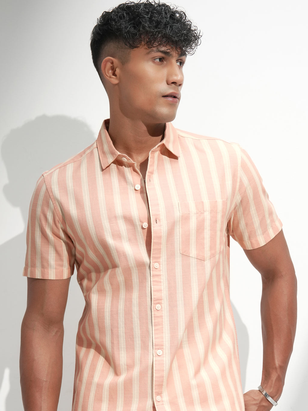 Highlander Men Peach Striped Regular Fit Casual Shirt - Peach - Image 1