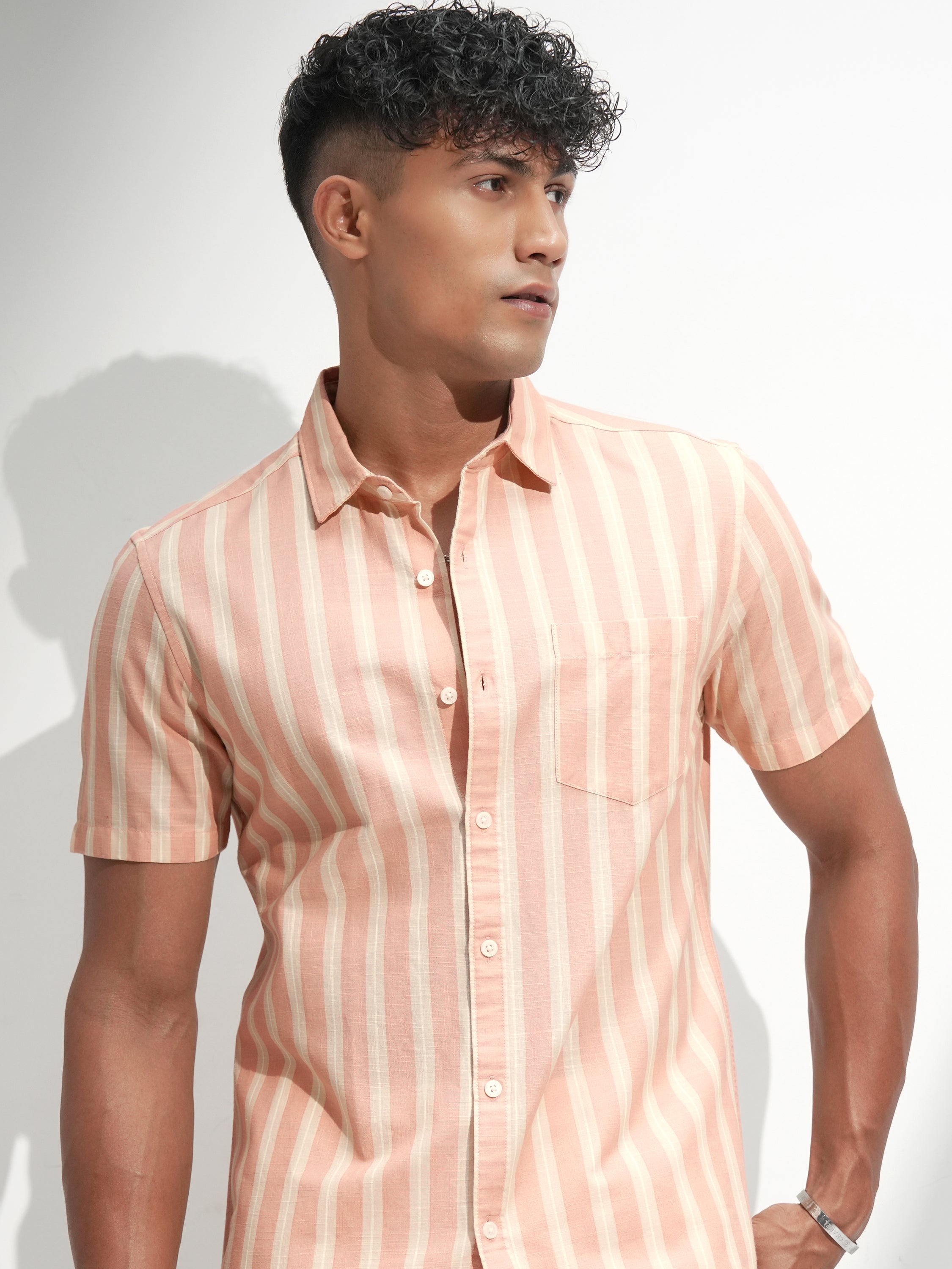 Highlander Men Peach Striped Regular Fit Casual Shirt - Peach - Image 1