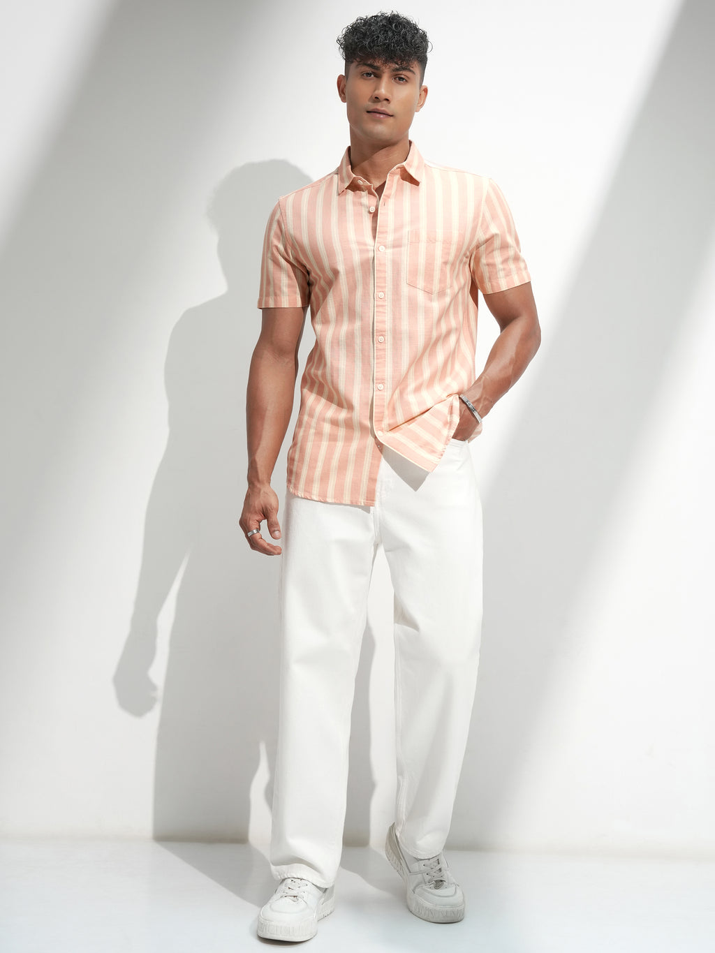 Highlander Men Peach Striped Regular Fit Casual Shirt - Peach - Image 2