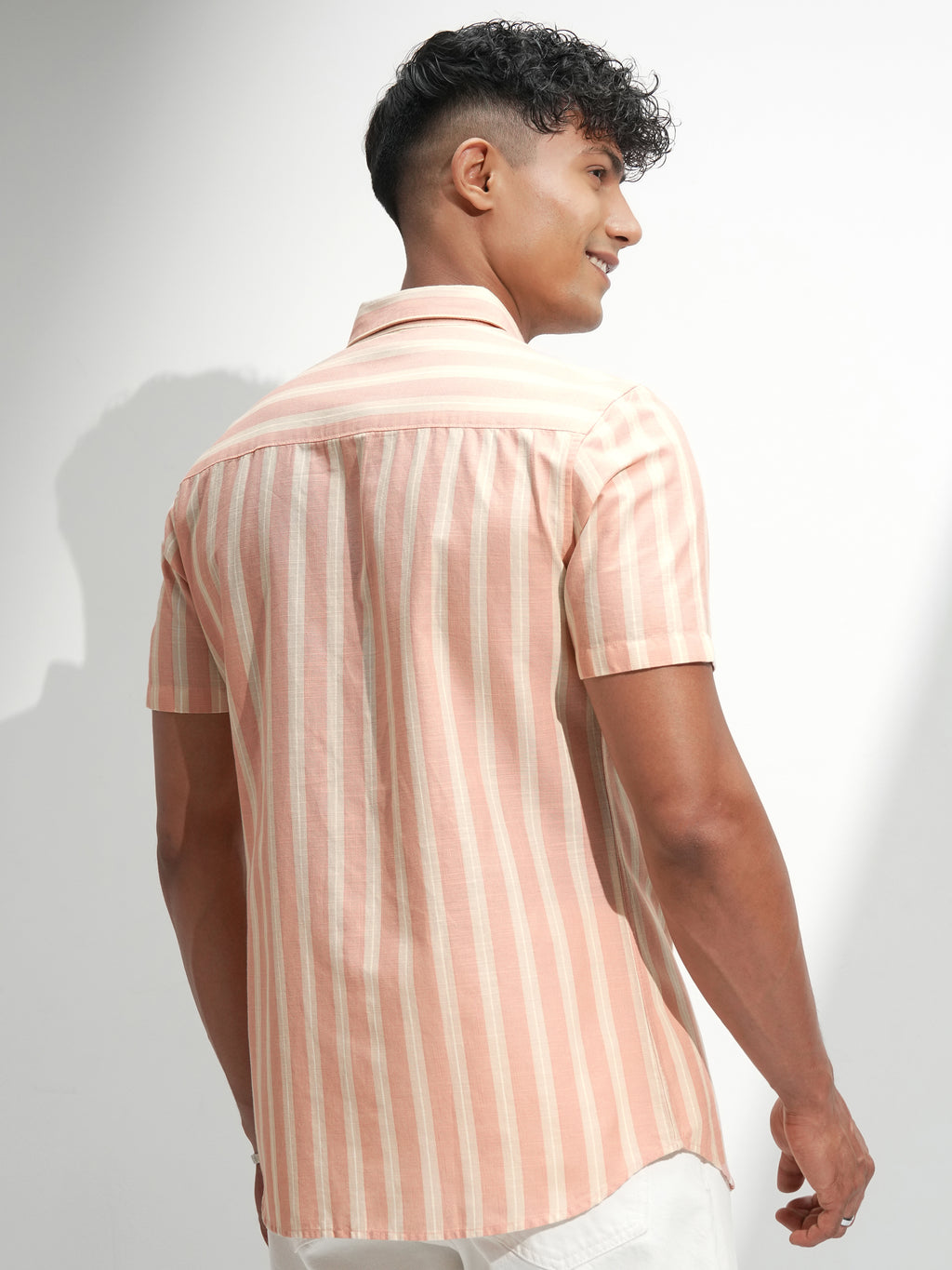 Highlander Men Peach Striped Regular Fit Casual Shirt - Peach - Image 3