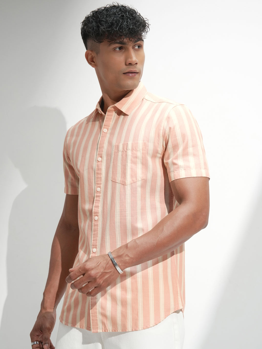 Highlander Men Peach Striped Regular Fit Casual Shirt - Peach - Image 4