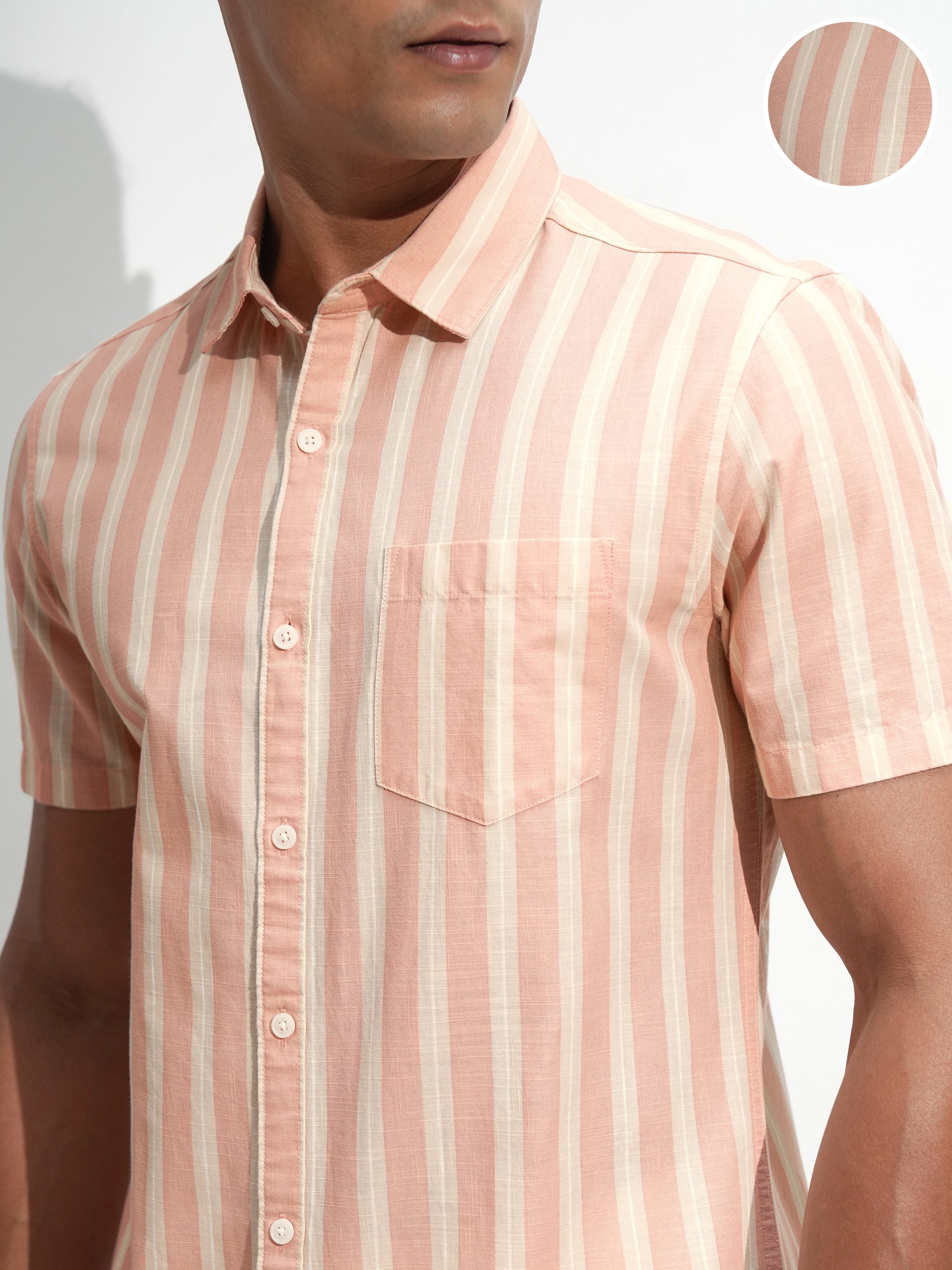 Highlander Men Peach Striped Regular Fit Casual Shirt - Peach - Image 5