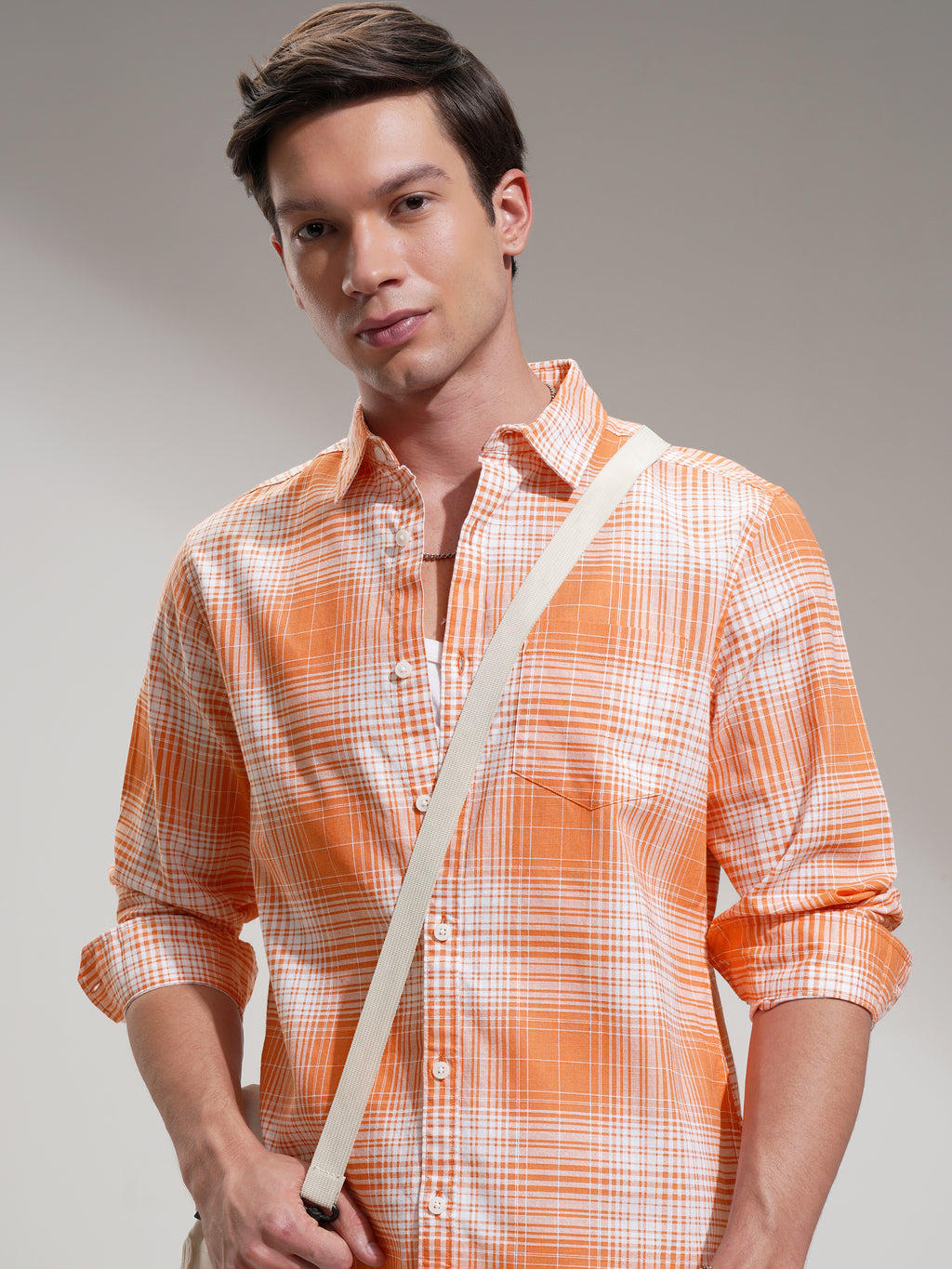 Highlander Men Orange Checked Regular Fit Casual Shirt - Orange - Image 1