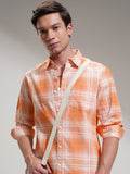 Highlander Men Orange Checked Regular Fit Casual Shirt - Orange - Image 1