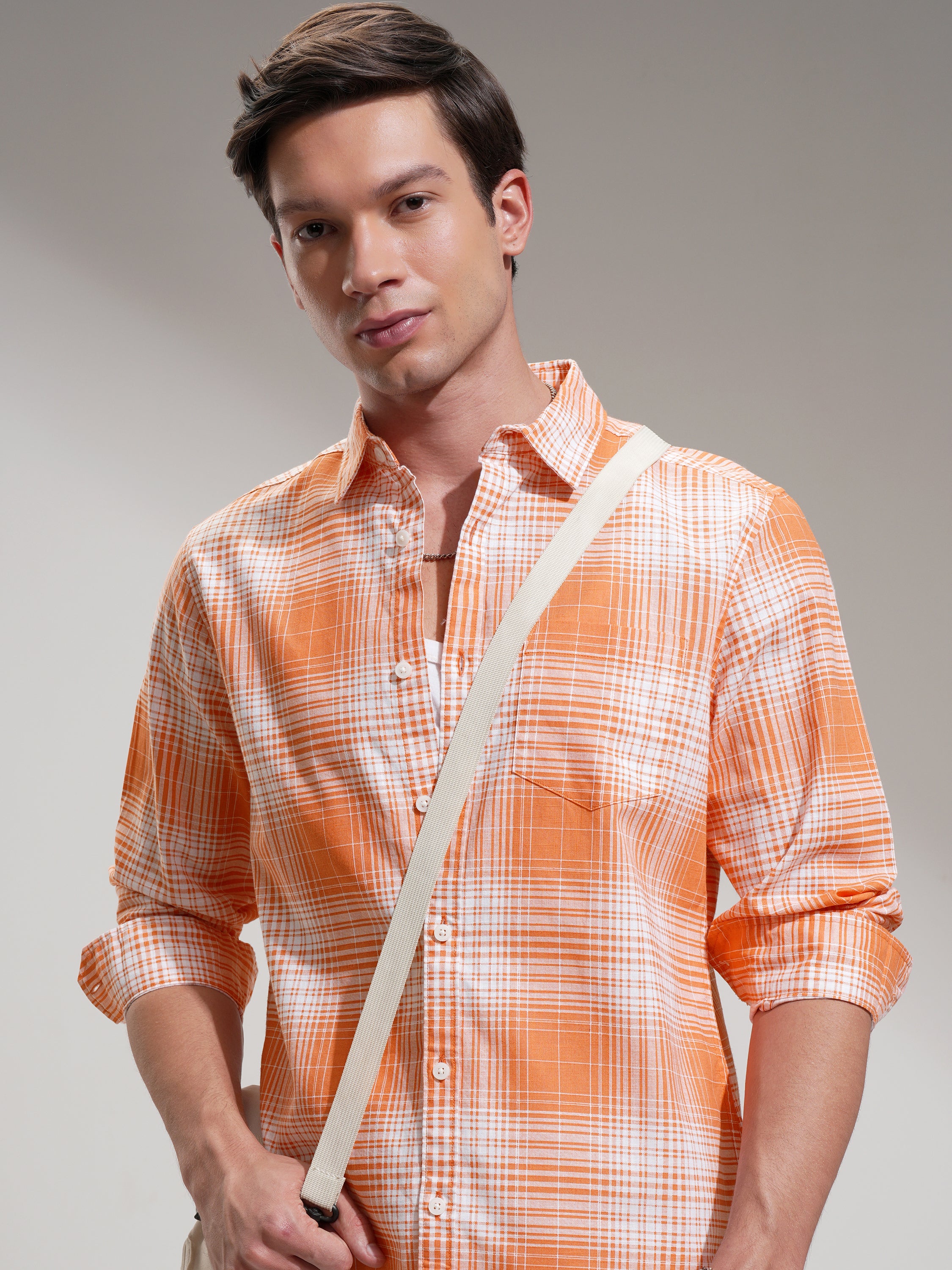 Highlander Men Orange Checked Regular Fit Casual Shirt - Orange - Image 1