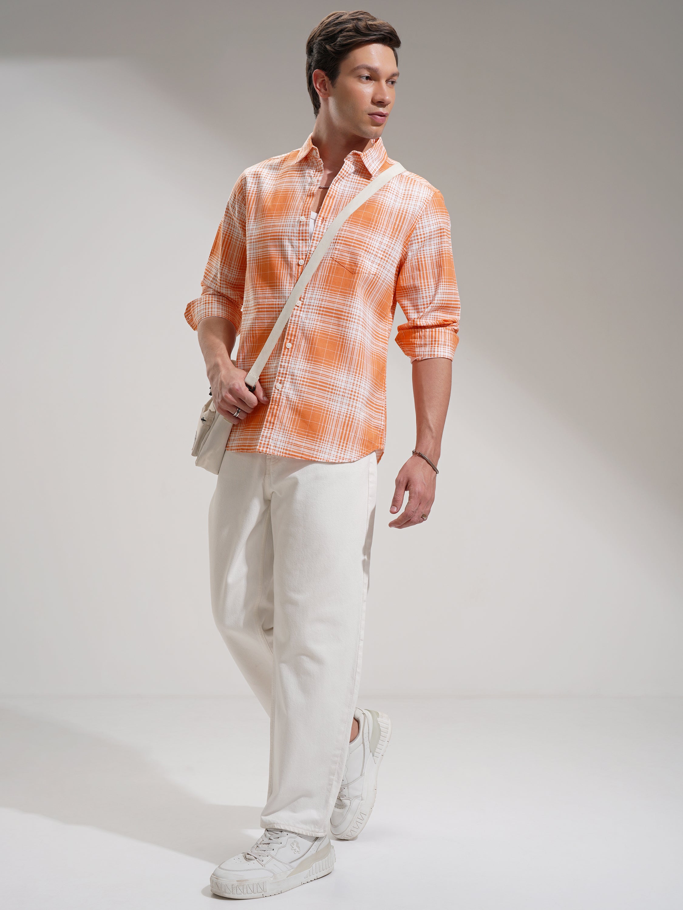 Highlander Men Orange Checked Regular Fit Casual Shirt - Orange - Image 2