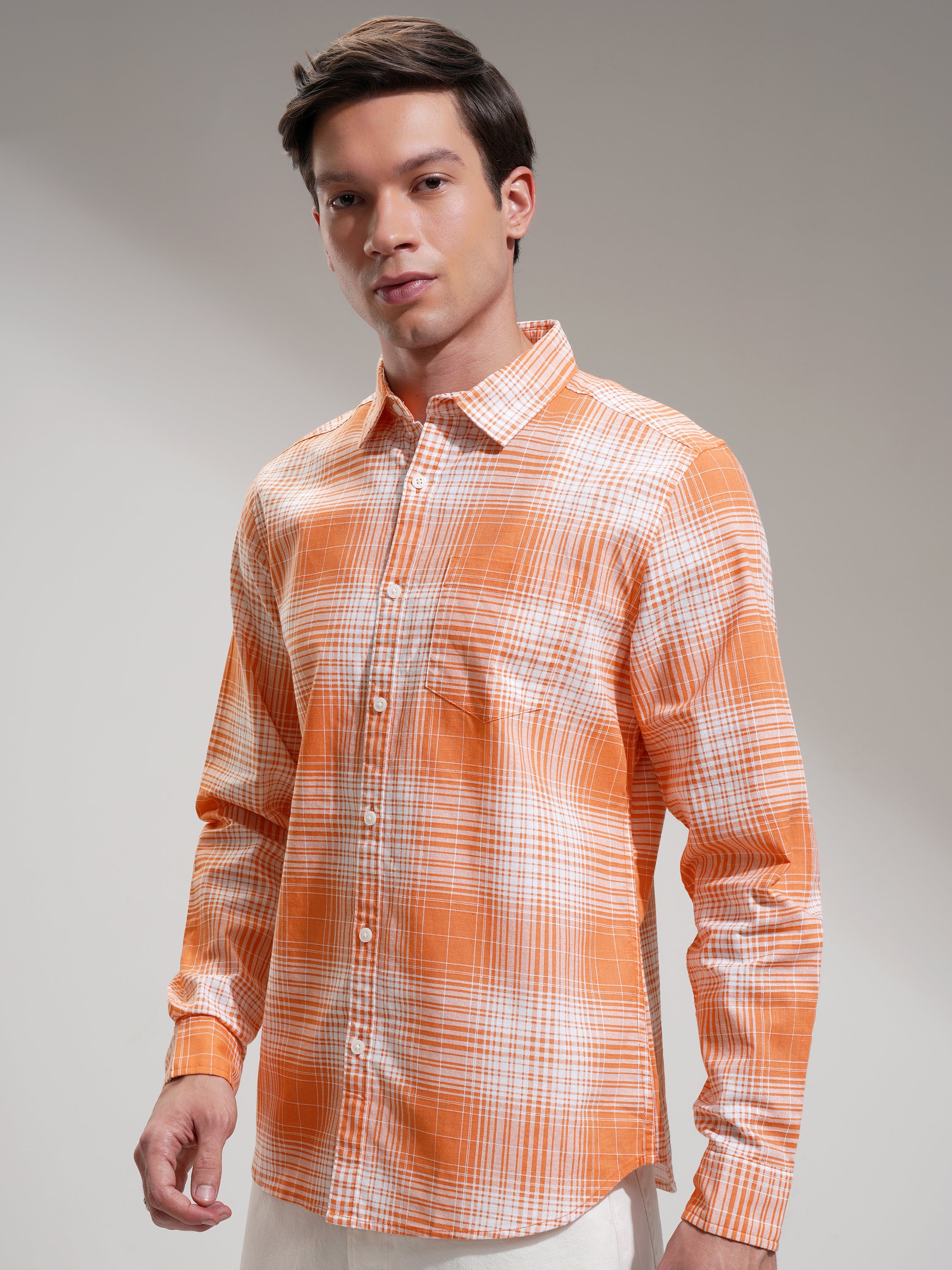 Highlander Men Orange Checked Regular Fit Casual Shirt - Orange - Image 4