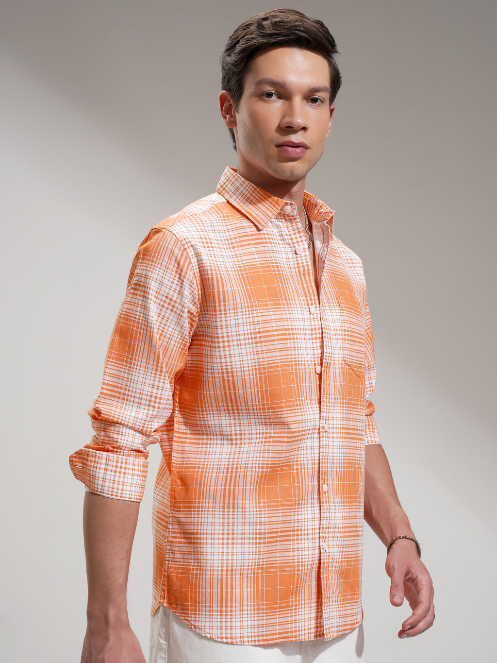 Highlander Men Orange Checked Regular Fit Casual Shirt - Orange - Image 6