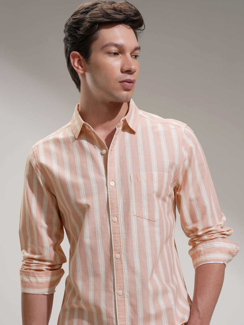 Highlander Men Peach Striped Regular Fit Casual Shirt - Peach - Image 1