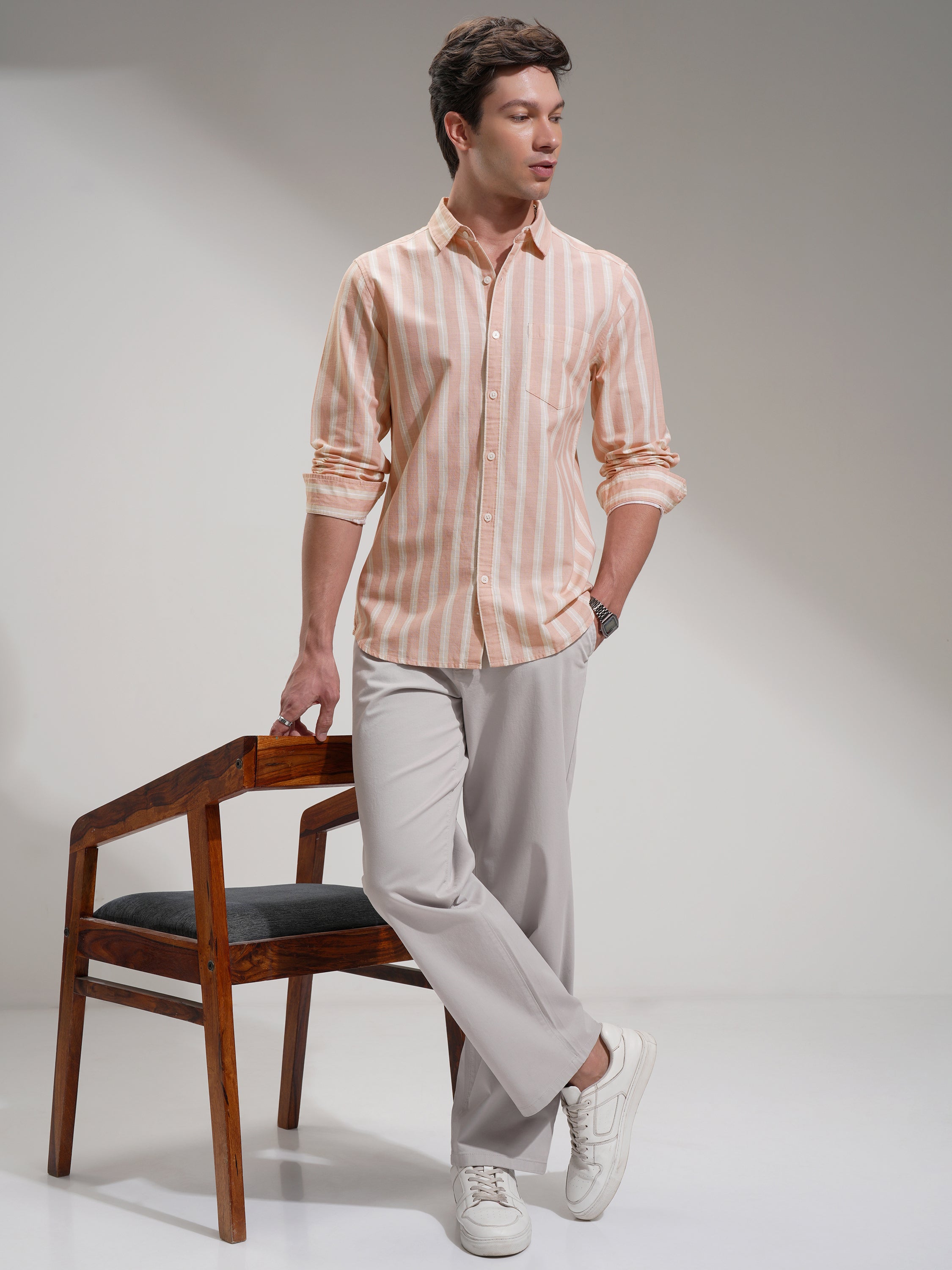 Highlander Men Peach Striped Regular Fit Casual Shirt - Peach - Image 2
