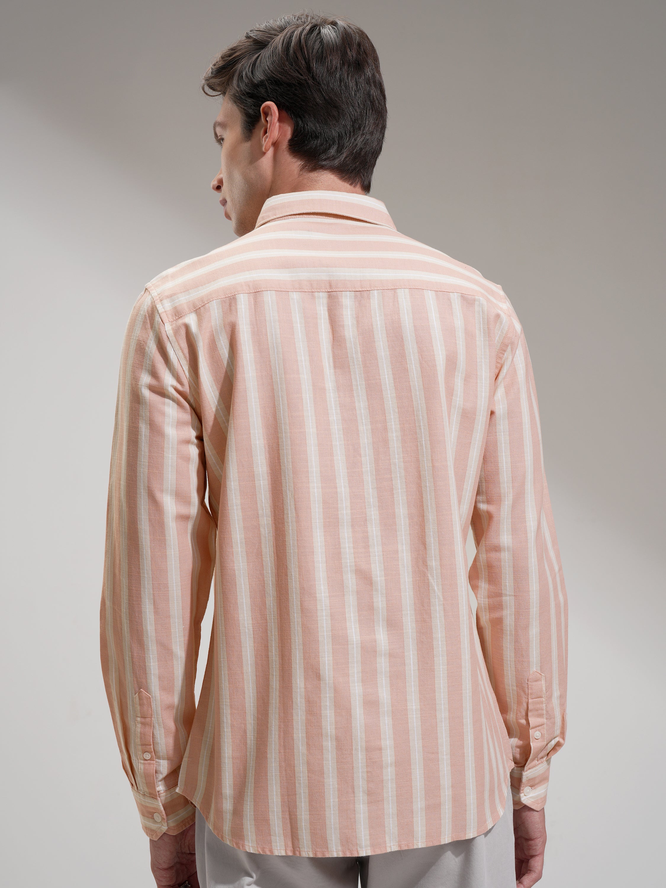 Highlander Men Peach Striped Regular Fit Casual Shirt - Peach - Image 3
