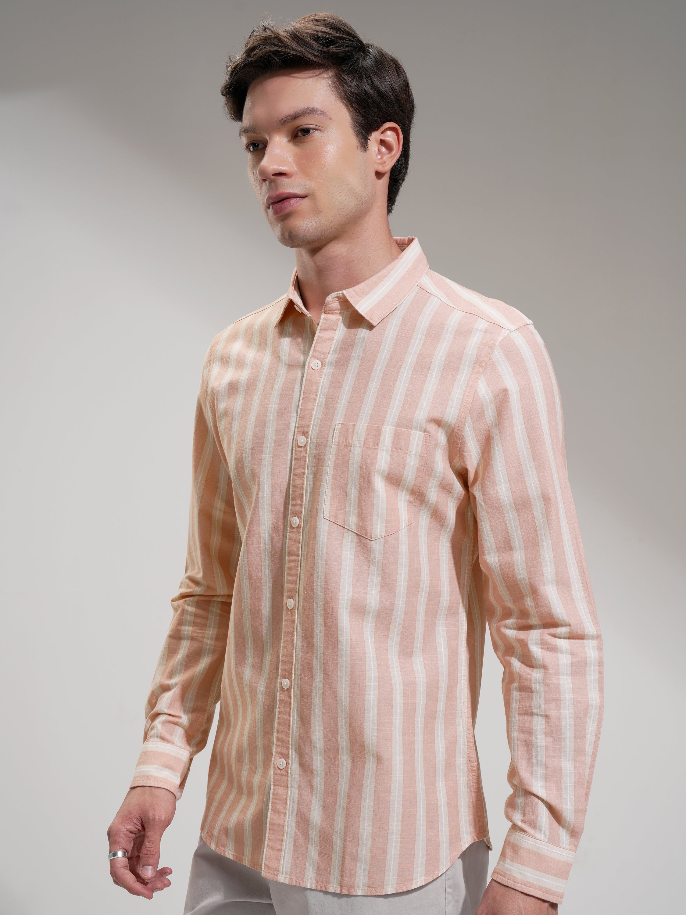 Highlander Men Peach Striped Regular Fit Casual Shirt - Peach - Image 4