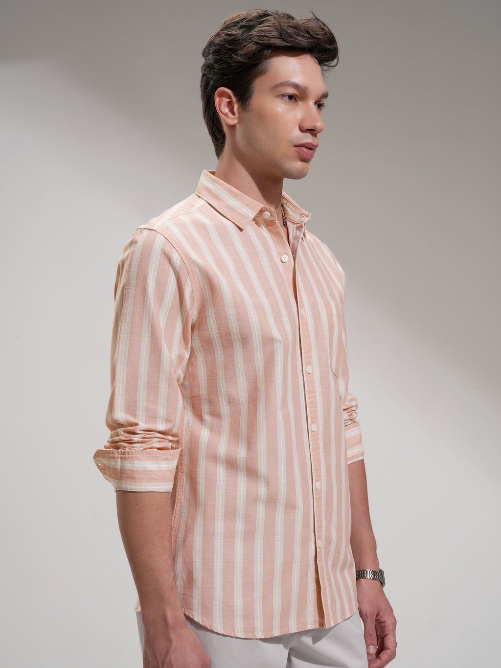 Highlander Men Peach Striped Regular Fit Casual Shirt - Peach - Image 6