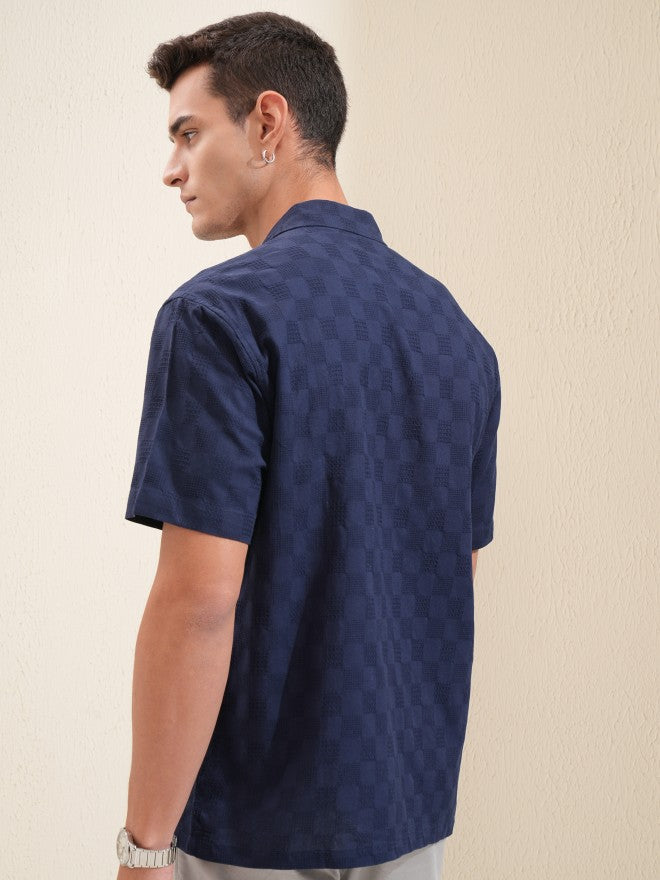 Highlander Men Navy Blue Textured Relaxed Fit Casual Shirt - Navy Blue - Image 3