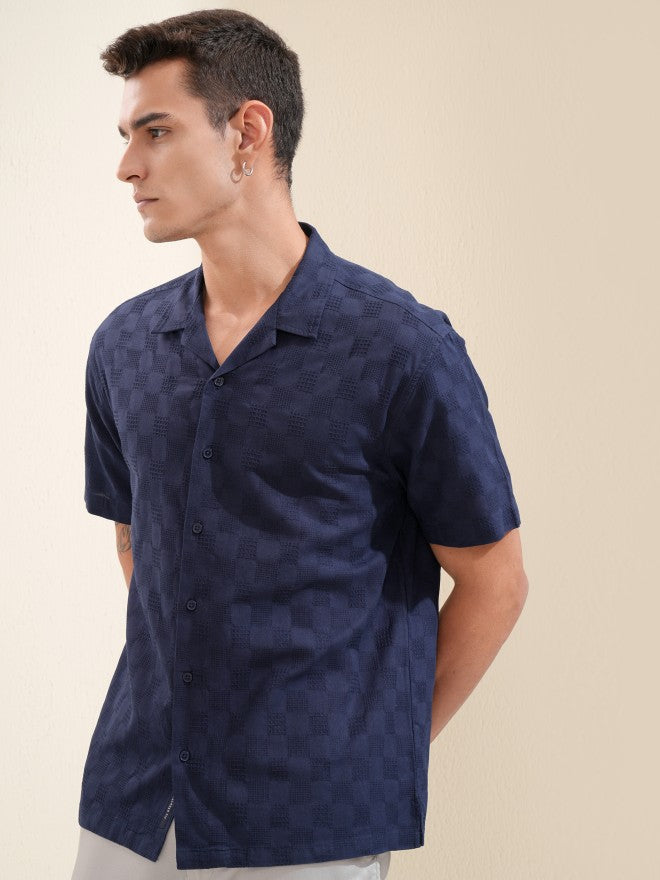 Highlander Men Navy Blue Textured Relaxed Fit Casual Shirt - Navy Blue - Image 4