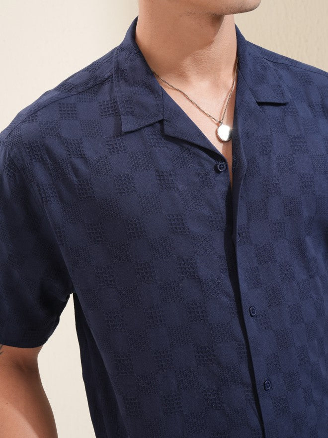 Highlander Men Navy Blue Textured Relaxed Fit Casual Shirt - Navy Blue - Image 5