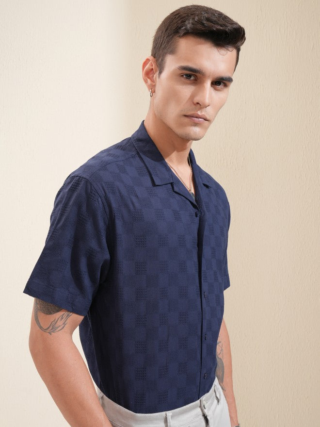 Highlander Men Navy Blue Textured Relaxed Fit Casual Shirt - Navy Blue - Image 6