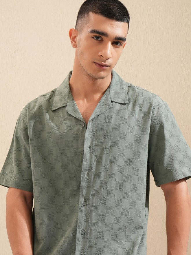 Highlander Men Green Textured Relaxed Fit Casual Shirt - Green - Image 1